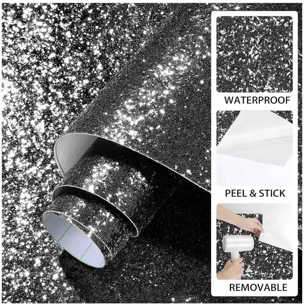 Rewallpaper Black Glitter Contact Paper For Dresser Cabinets 15.8inx23ft Moder